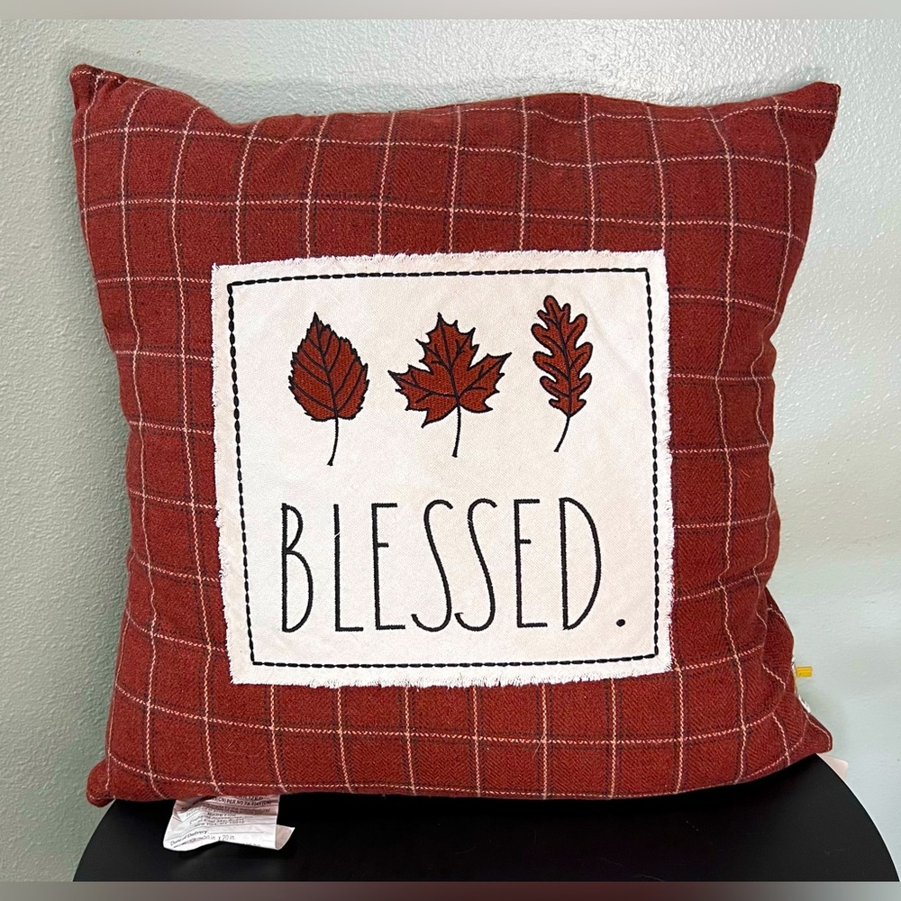 NWT Rae Dunn Burnt Orange / Red Plaid Goose Down 'Blessed' Pillow - Fall Autumn